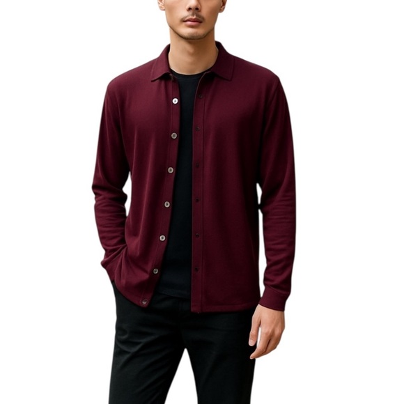 John Varvatos Luxe Wool Button Front Collared Sweater Cardigan Burgundy Size L - Picture 2 of 10